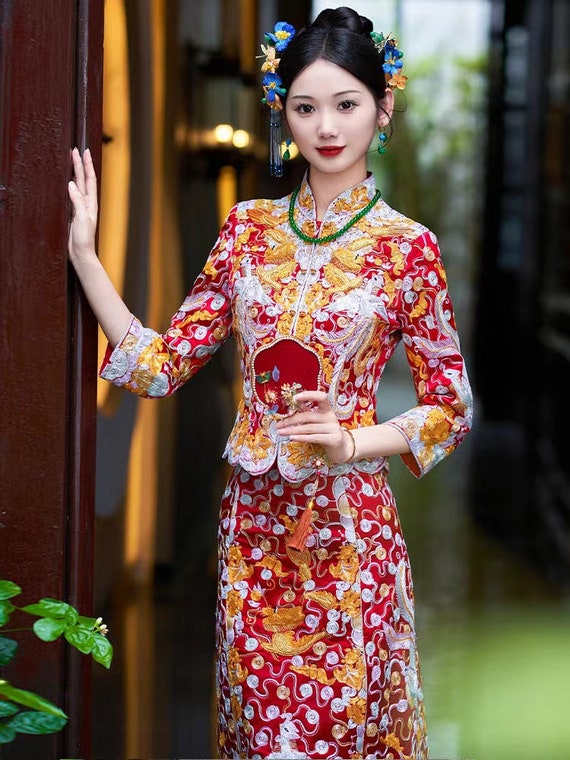 New Premium Traditional Chinese Bridal Full Length Two Pieces Red Qipao Gown,  Wedding Dress, China Bride Pan Gold Embroidered - Etsy