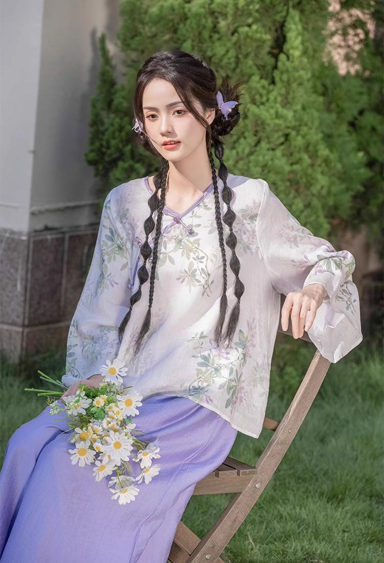 A new Chinese Style Clothes Chinese Hanfu Top+Wide Pants, China Song Dynasty Cultural Art Revival Suit For Summer,Forest Style