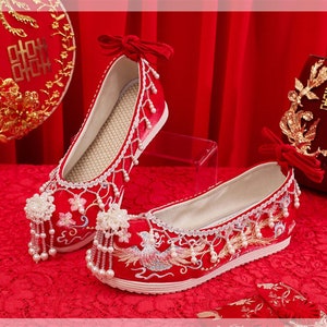 Premium Handmade Chinese Red Wedding Shoes Bridal Embroidery Floral Satin Shoes China Red Xiuhe 6.5 CM Heels Etsy