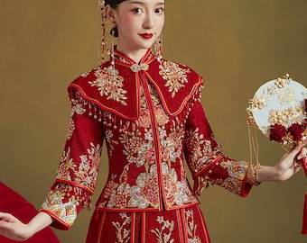 伝統的な中国の花嫁用赤い婚礼衣装、紅妍惜君クラシック刺繍花柄唐