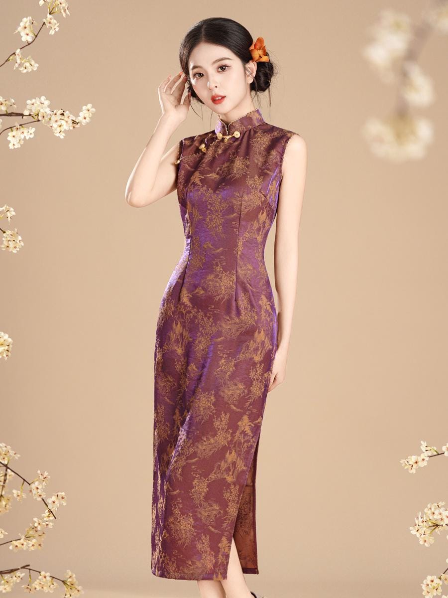 Floral Purple Cheongsam Qipao, Chinese Tea Ceremony Summer Dress