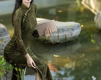 Rare Design Jasper Green Qipao Velvet Dress,spring Fall Christmas CNY  Outfit China Cheongsam Dress, Elegant Lady Good Stretchy Two Layers - Etsy  Norway
