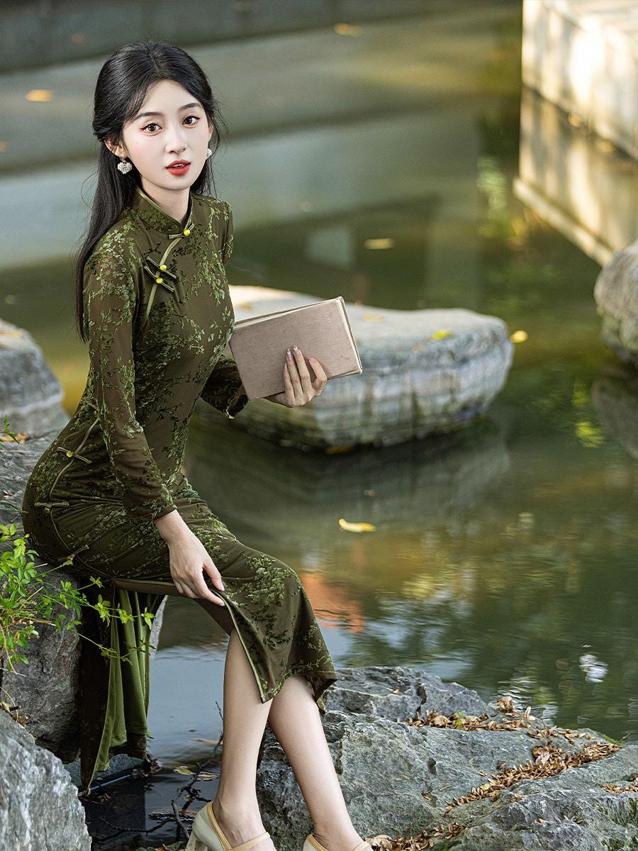 Rare Design Jasper Green Qipao Velvet Dress,spring Fall Christmas CNY  Outfit China Cheongsam Dress, Elegant Lady Good Stretchy Two Layers - Etsy