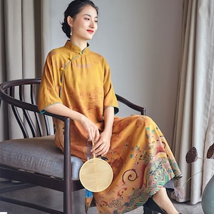 Vintage Chinese Xiangyusha Cheongsam, 100% Mulberry Silk Qipao Dress, Tea Ceremony 旗袍, Shanghai Prom, Retro Floral Art Revival, Royal Autumn