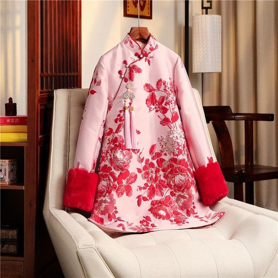 Pink Floral Jacquard Chinese Tang Jacket, Faux Fur Sleeves - Etsy