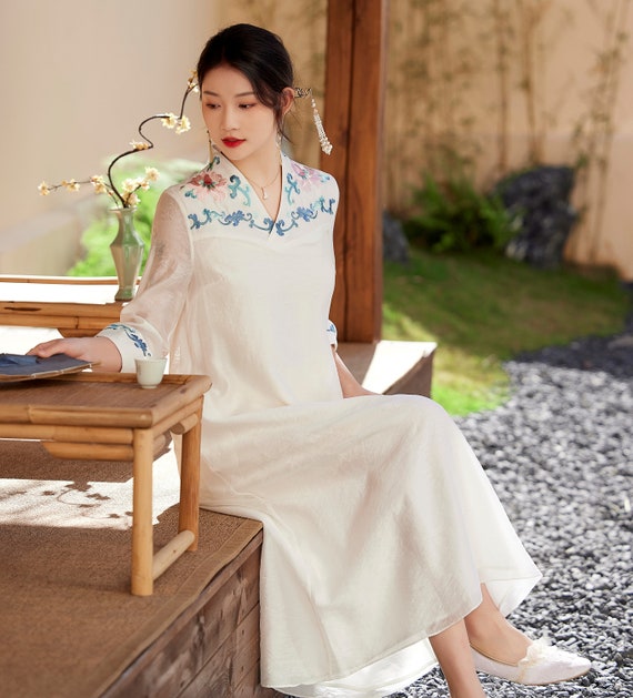 New Design Modern China Loose Fit V Neck Cheongsam Dress, Vintage Tea Ceremony Prom, Daily Cozy Wear Embroidery Floral, Color Blue&white - Etsy Australia New Design Modern China Loose Fit V Neck Cheongsam Dress, Vintage Tea Ceremony Prom, Daily Cozy Wear Embroidery Floral, Color Blue&white - Etsy Australia