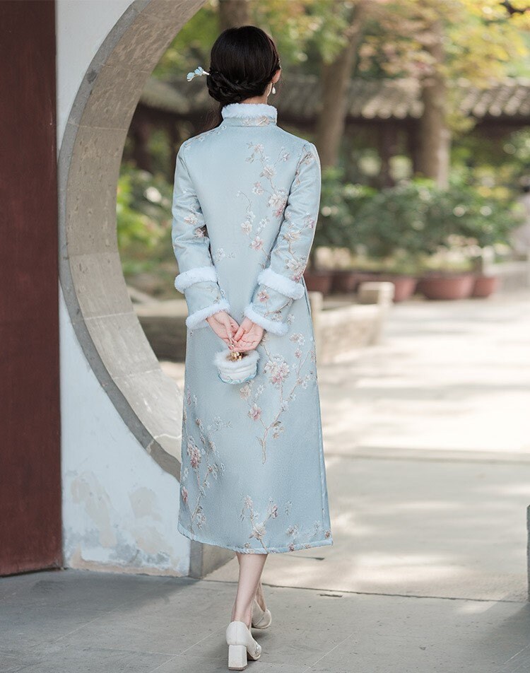 Classic Chinablue Cheongsam Jacket, Hairy Sleeves Long Coat