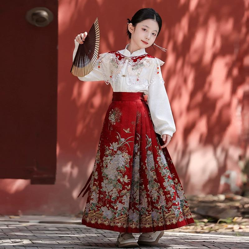 Girls' CNY Tang Suit,Top+Horse Face Skirt+Shawl-China Spring Festival Costume