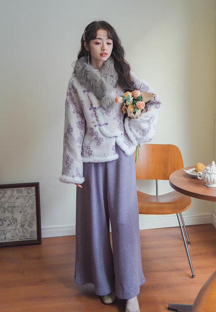 ☆花☆HOWIE clothing china jacket 2026 China Thick Jacket Coat+wide Purple Pants, Christmas Spring