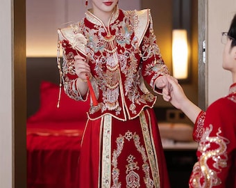 Traditional Chinese Bridal Red Wedding Xiuhe Dress, Su Embroidery