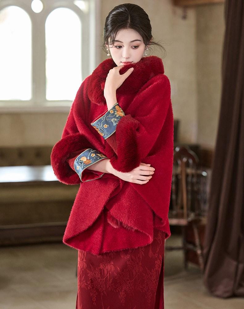 CNY Christmas Chinese Qipao Cape, Elegant Cheongsam Cloak, Bridal