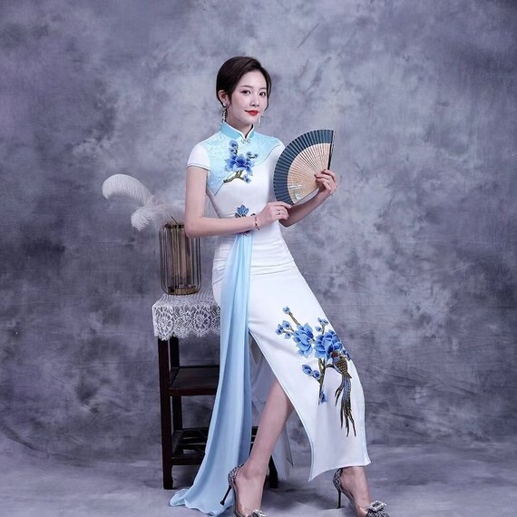 Custom Able Premium Cut Cheongsam With Ribbon, Classical Embroidery Pattern  Full Length Gown Costume Dress, Elegant Red Carpet - Etsy