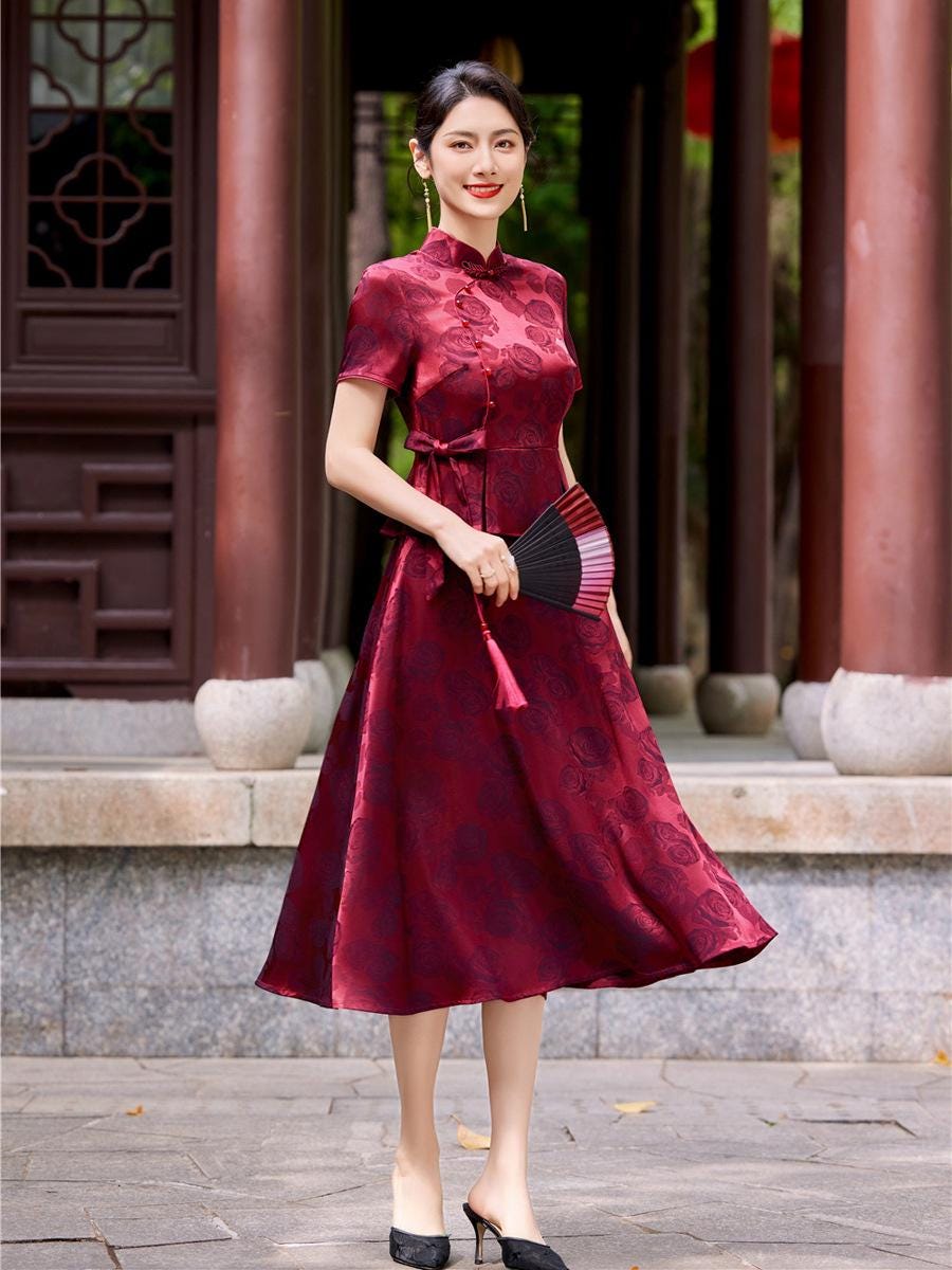 Doveyaf Mother Gown Dress, China Cheongsam, Aodai A-line Skirt,  False Two Pieces, Green& Purple Red Over Size To 5XL
