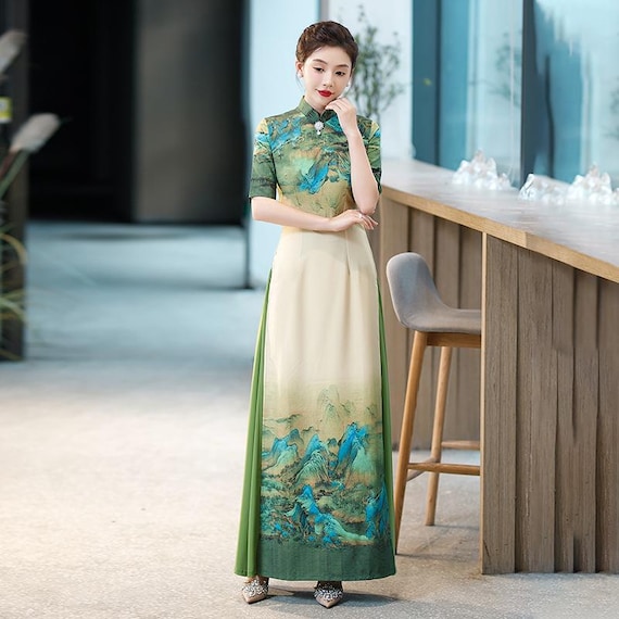 cheongsam a line dress Green Modern A-Line Tencel Jacquard Loose Cheongsam Qipao Dress