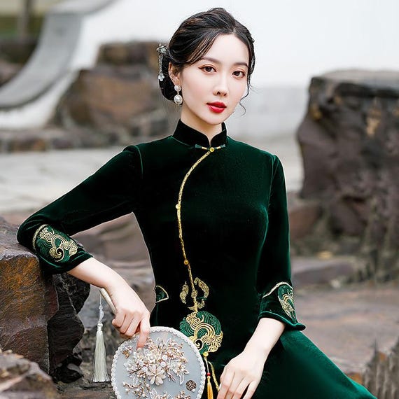 New Velvet Aodai Qipao Dress, Fall Winter Christmas CNY China