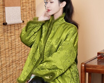 2024 CNY Red/Green& Pink Loose Thick Warm Coat, Hairy Decor,Pay New Year Call, WinterWarm Coat, Loose Jacket