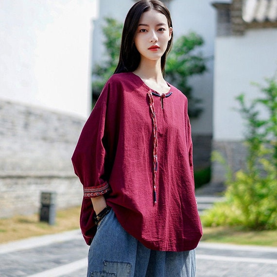 China Tang Suit Girl's Top, Modern Chinese Hanfu Style, Liziqi Loose Linen  Cotton Shirt, Wine Red/black/dark Blue Colorful Sleeve Lace -  Sweden
