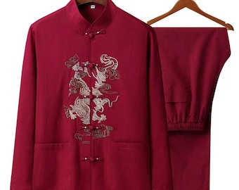 Men's Linen Blend Tang Suit, Embroidered Hanfu Taiji, Father's Gift