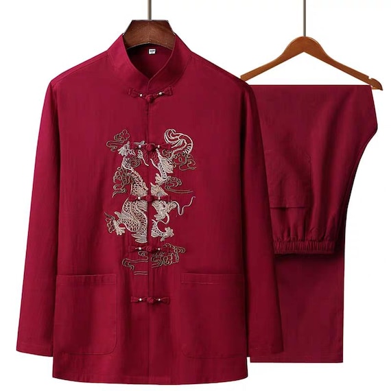 Men's Linen Blend Tang Suit, Embroidered Hanfu Taiji, Father's Gift