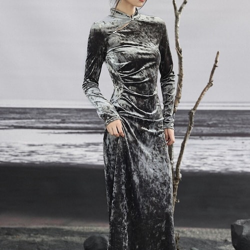 1500'sspanish velvet dress with silver trim Rare Design Silver Qipao Velvet Dress, Fall Winter Christmas CNY Outfit China Cheongsam Dress, Elegant Lady Good Stretchy