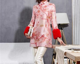 Pink Floral Jacquard Chinese Tang Jacket, Faux Fur Sleeves - Etsy