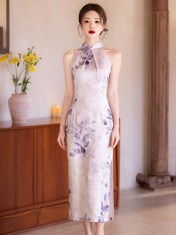 slim fit dress slacks Sleeveless Qipao, satin modern Cheongsam, long Qipao, daily Cheongsam   Beth&Brian Qipao