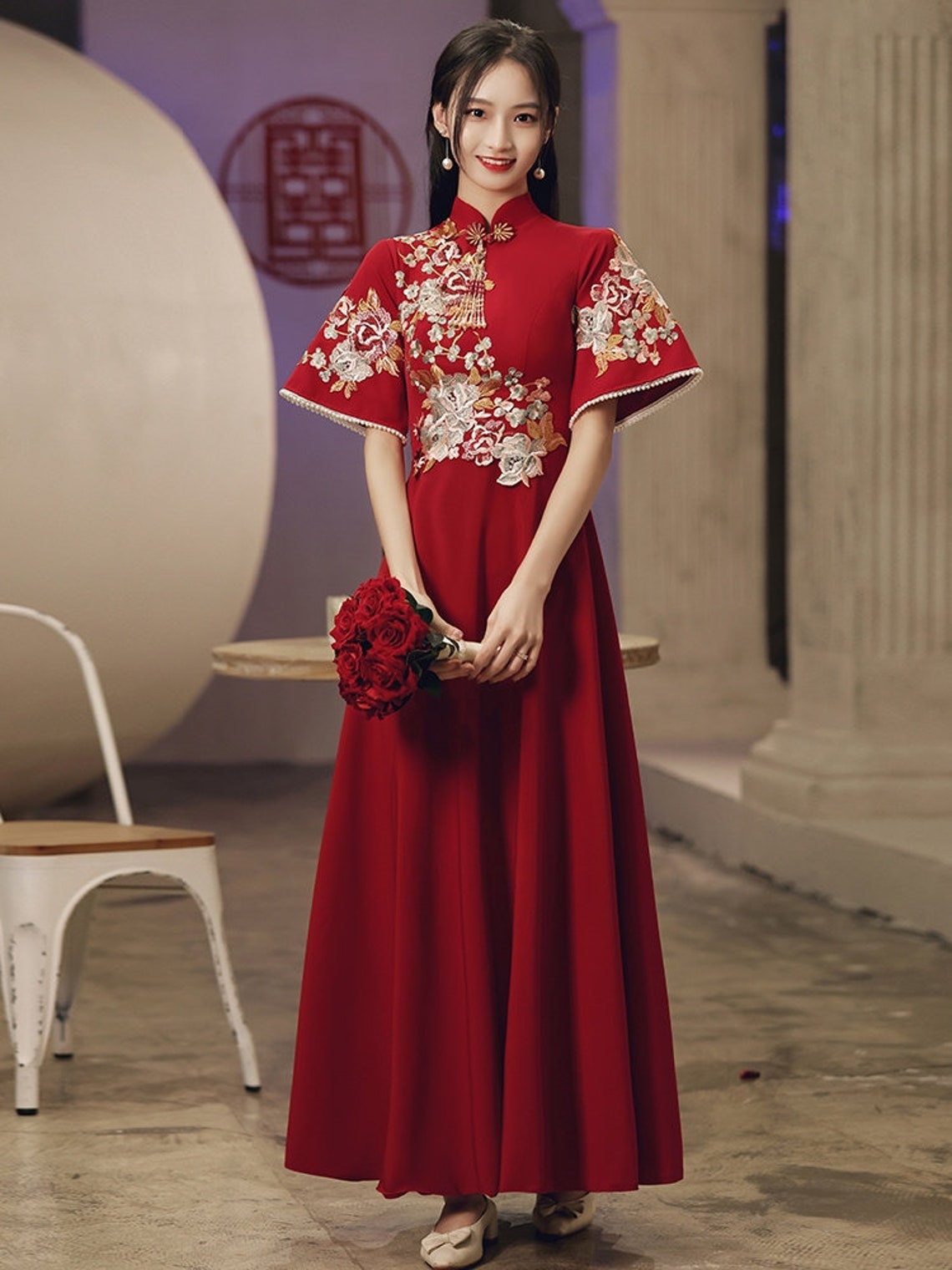 Traditional Chinese Bridal Red Qipao Gown China Bride Wedding To- Angle + Wine Red