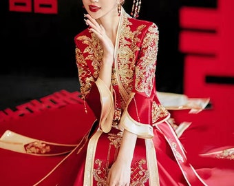Traditional Chinese Bridal Red Wedding Xiuhe Dress, Big