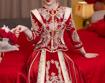 Traditional Chinese Bridal Red Wedding Xiuhe Dress, Su Embroidery
