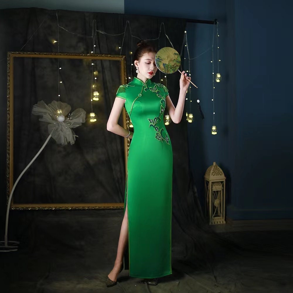 slim fit dress slacks Green Mini Qipao/Cheongsam Dress S main image 0
