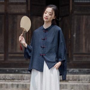 China Spring Tang Bamboo Lyocell Thin Woman Jacket Loose Shirt, Mandarin Pankou Closure, Navy Blue/White & Black Color