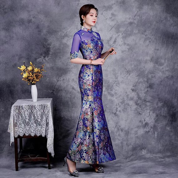 Premium Made Full Length Vintage China Cheongsam in Blue/ Black Stage  Display Costume, Bridal/ Host Qipao Gown - Etsy