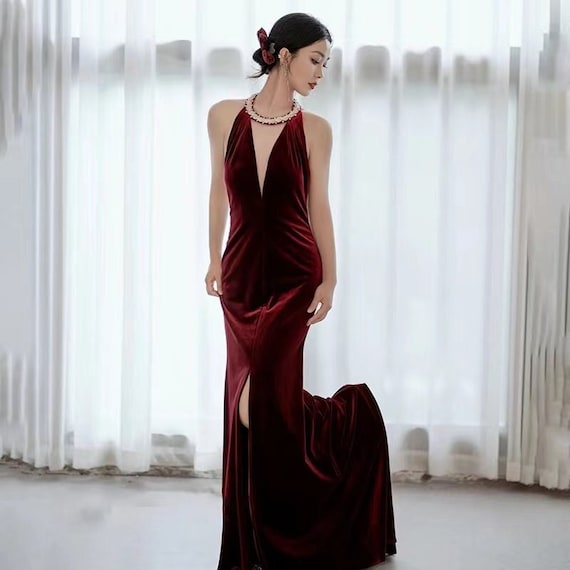 red velvet sexy dress Velvet Prom Dress,red Dress, Sexy Evening Dress,slit Party Dress,custom Made