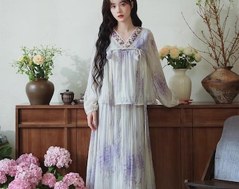 Novo conjunto Hanfu chinês para menina, blusa e saia, traje da dinastia Song, cerimônia do chá, estampa lavanda lilás claro.