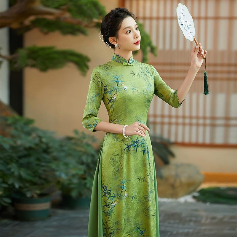 1点物⭕️お安く!◎Custom Daidai fabric◎AR 9.6 Modern China Cheongsam, Aodai A-line Skirt, Bamboo Leaf/mountain