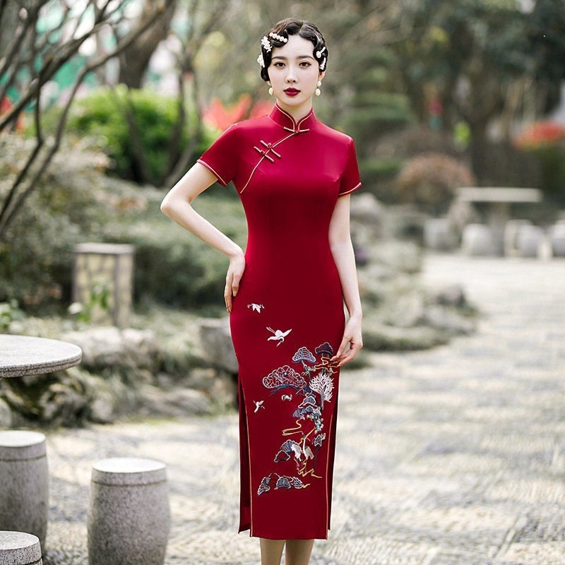 Elegant Mother Qipao Gown for Wedding, Vintage China Cheongsam, Extra Large Size Happy Mother Style, Heavy Thick, Embroidery Floral