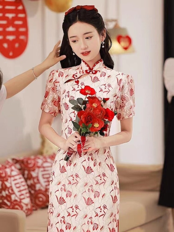 Premium Cut China Bride Red Pattern in White Lace Wedding Qipao Gown, Engagement Dress, Mermaid Shape Mid-calf Length, Custom Made Able - Etsy Premium Cut China Bride Red Pattern in White Lace Wedding Qipao Gown, Engagement Dress, Mermaid Shape Mid-calf Length, Custom Made Able - Etsy