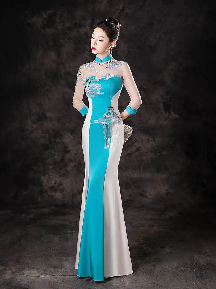 Premium Made Full Length Vintage China Cheongsam in White and Blue Stage  Display Costume, Cannes Film Festival Award Ceremony Gown Mermaid - Etsy