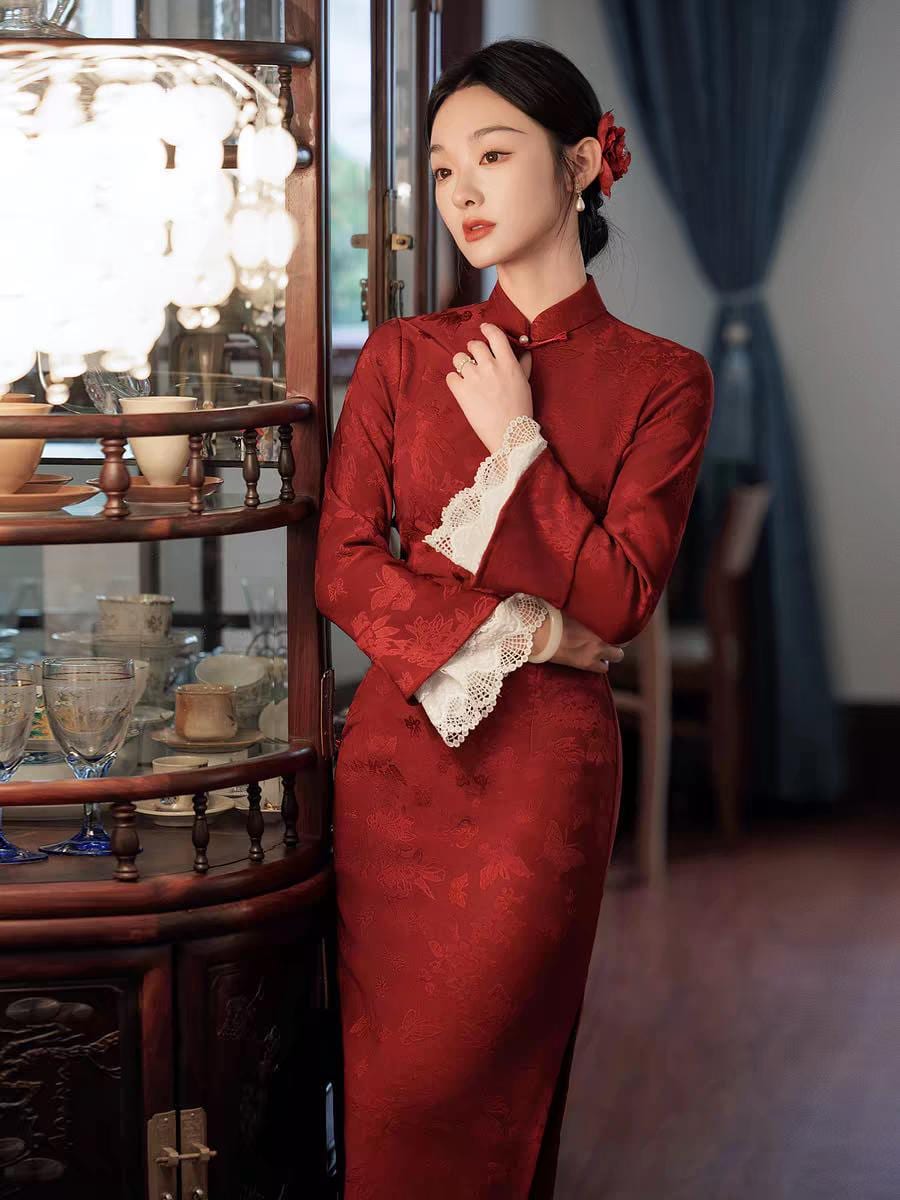 mandarin collar red dress Elegant Traditional Chinese Cheongsam High Slit Mandarin Collar Red Qipao Dress