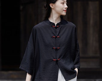 Chaqueta de mujer de lyocell, cuello mandarín, camisa de corte holgado.