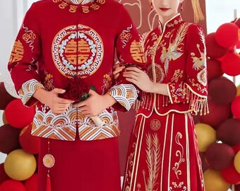 Traditional Chinese Bride and Groom's Red Wedding Xiuhe