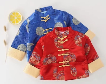 CNY New Year Boy's Chinese Spring Festival Suit, Winter Red & Blue Tang Jacket Padded, 100 days new born Costume; Size 80cm -130cm