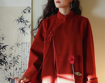 Retro CNY Woolen Red Jacket+Skirt, Chinese Spring Festival Outfit Coat+ Skirt, Bride Wedding Suit