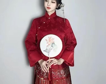 Retro CNY Woolen Red Jacket+Skirt, Chinese Spring Festival Outfit Coat+ MAMIAN Skirt, Bride Wedding Suit