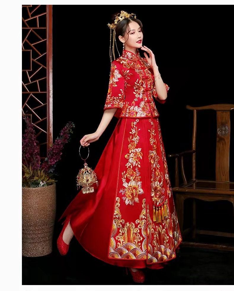 未開封SHISHIKUI boda / RED×WH Sサイズ即日発送可 Gorgeous Golden Red Satin XiuHe Suit Traditional Chinese