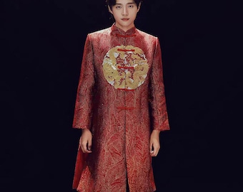 Traditional Chinese Bridegroom Red Wedding Xiuhe Groom Jacket , Embroidery Dragon Pattern Long Jacket TopTang Groom for Wedding