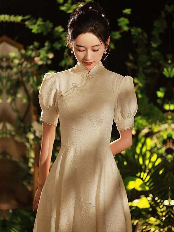 China White Lace Bridal Qipao Dress, Engagement Gown Dress, High Collar with Pearl Decoration, Full Length China White Lace Bridal Qipao Dress, Engagement Gown Dress, High Collar with Pearl Decoration, Full Length