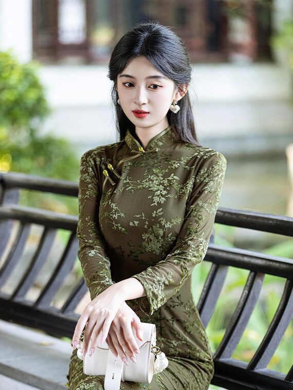 slim fit dress slacks 2026 Summer Green Jacquard Cheongsam Qi Pao Dress main image 0