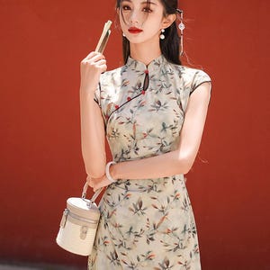 May include: A light green, floral-patterned dress with a mandarin collar and cap sleeves. The dress features red button accents and black trim. A small, white, cylindrical handbag with a woven base is held in the hand.