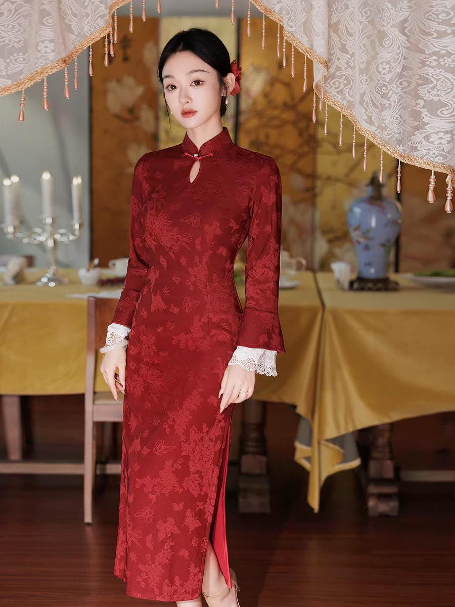 chinese traditional long sleeve dress Women Summer Long Qipao 3/4 Sleeves Dress Chinese Traditional Ice Silk Cheongsam